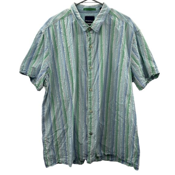 Tommy Bahama Cotton Silk Blend White Blue & Green Striped Button Down Shirt XXL - Picture 1 of 8